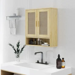 Armoire murale salle de bain WC style bohème - 2 portes, étagère, niche - effet rotin bois clair