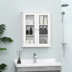 Armoire murale salle de bain 2 portes vitrées 2 étagères 55 x 20 x 65 cm blanc