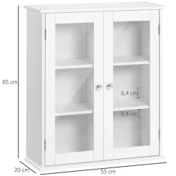 Armoire murale salle de bain 2 portes vitrées 2 étagères 55 x 20 x 65 cm blanc