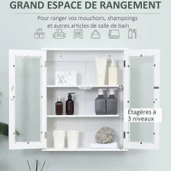 Armoire murale salle de bain 2 portes vitrées 2 étagères 55 x 20 x 65 cm blanc
