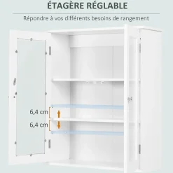 Armoire murale salle de bain 2 portes vitrées 2 étagères 55 x 20 x 65 cm blanc