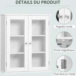 Armoire murale salle de bain 2 portes vitrées 2 étagères 55 x 20 x 65 cm blanc