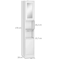 Armoire salle de bain, meuble de rangement colonne avec miroir, 2 portes, étagères réglables, 30x28x170cm, blanc