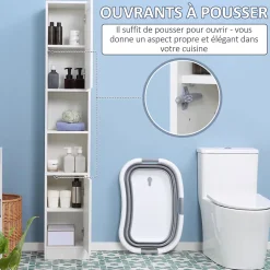 Armoire salle de bain, meuble de rangement colonne avec miroir, 2 portes, étagères réglables, 30x28x170cm, blanc