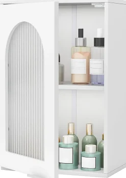 Armoire Salle de Bain,avec Porte en Verre Trempé Canne, au-Dessus des Toilettes avec Étagère Réglable pour Salon Buanderie, Blanc