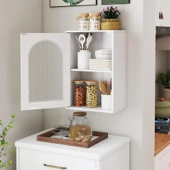 Armoire Salle de Bain,avec Porte en Verre Trempé Canne, au-Dessus des Toilettes avec Étagère Réglable pour Salon Buanderie, Blanc