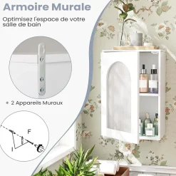 Armoire Salle de Bain,avec Porte en Verre Trempé Canne, au-Dessus des Toilettes avec Étagère Réglable pour Salon Buanderie, Blanc