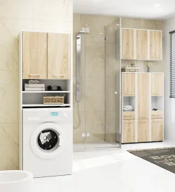 Armoire salle de bains AKORD FIN Meuble Haut Suspendue Blanche 60 cm 2 portes façade Chêne Sonoma 2 étagères 60x22,5x60 cm