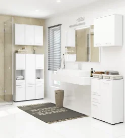 Armoire salle de bains AKORD FIN Meuble Haut Suspendue Blanche 30 cm 1 porte façade Blanche 2 étagères 30x22,5x60 cm