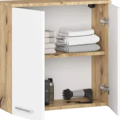Armoire salle de bains AKORD FIN accr. au mur Chêne Artisan 60 cm 2 portes façade Blanche 2 étagères 60x22,5x60 cm