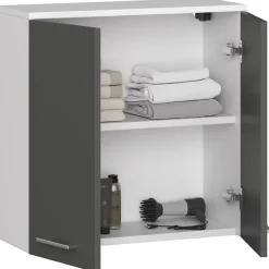 Armoire salle de bains AKORD FIN Meuble Haut Suspendue Blanche 60 cm 2 portes façade Gris Graphite 2 étagères 60x22,5x60 cm