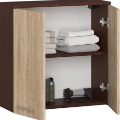 Armoire salle de bains AKORD FIN Meuble Haut Suspendue Wengé 60 cm 2 portes façade Chêne Sonoma 2 étagères 60x22,5x60 cm