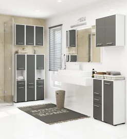 Armoire salle de bains AKORD FIN Blanche 30 cm 1 porte façade Gris Graphite 2 étagères 30x30x85 cm