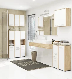 Armoire salle de bains AKORD FIN Meuble Haut Suspendue Chêne Sonoma 60 cm 2 portes façade Blanche 2 étagères 60x22,5x60 cm