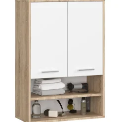Armoire salle de bains suspendue AKORD FIN Chêne Sonoma 64 cm 2 portes façade Blanche 4 étagères 64x30x94 cm