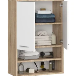 Armoire salle de bains suspendue AKORD FIN Chêne Sonoma 64 cm 2 portes façade Blanche 4 étagères 64x30x94 cm