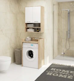 Armoire salle de bains suspendue AKORD FIN Chêne Sonoma 64 cm 2 portes façade Blanche 4 étagères 64x30x94 cm
