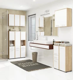 Armoire salle de bains suspendue AKORD FIN Chêne Sonoma 64 cm 2 portes façade Blanche 4 étagères 64x30x94 cm