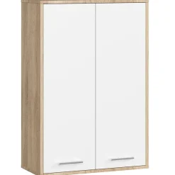 Armoire salle de bains suspendue AKORD FIN Chêne Sonoma 64 cm 2 portes pleine Blanche 4 étagères 64x30x94 cm