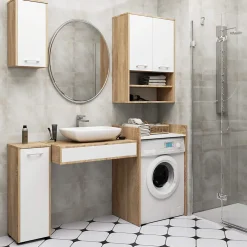 Armoire salle de bains suspendue AKORD FIN Chêne Sonoma 64 cm 2 portes pleine Blanche 4 étagères 64x30x94 cm