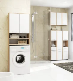 Armoire salle de bains suspendue AKORD FIN Chêne Sonoma 64 cm 2 portes pleine Blanche 4 étagères 64x30x94 cm