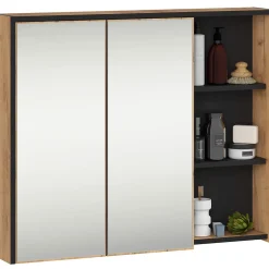 Armoire salle de bains VAMI suspendu avec miroir Chêne Craft 90 cm 2 portes façade Noire 6 étagères 90x15x75 cm
