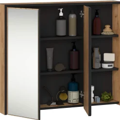 Armoire salle de bains VAMI suspendu avec miroir Chêne Craft 90 cm 2 portes façade Noire 6 étagères 90x15x75 cm