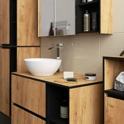 Armoire salle de bains VAMI suspendu avec miroir Chêne Craft 90 cm 2 portes façade Noire 6 étagères 90x15x75 cm