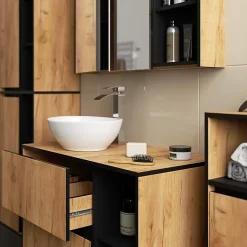 Armoire salle de bains VAMI suspendu avec miroir Chêne Craft 90 cm 2 portes façade Noire 6 étagères 90x15x75 cm