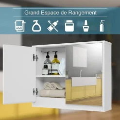 Armoire Toilette avec Miroir Murale, 2/3 Porte et 2/3 Etagères, Meuble à Miroir de Salle de Bain en MDF (56x14x45CM-2 Portes)