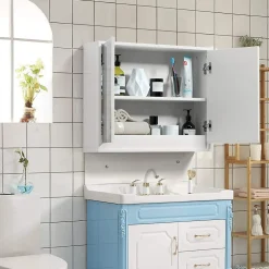 Armoire Toilette avec Miroir Murale, 2/3 Porte et 2/3 Etagères, Meuble à Miroir de Salle de Bain en MDF (56x14x45CM-2 Portes)