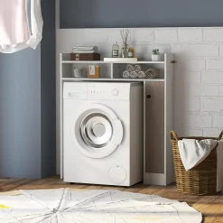 Armoire WC avec Etagere & 2 Compartiments & Tablettes reglables sur 10 niveaux & Anti-Bascule pour Buanderie Blanc