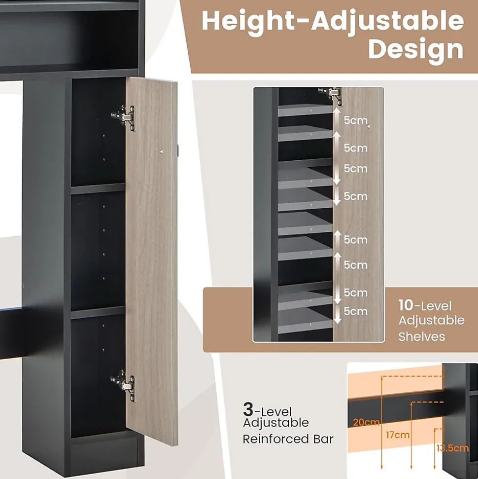 Armoire WC avec Etagere & 2 Compartiments & Tablettes reglables sur 10 niveaux & Anti-Bascule pour Buanderie Noir