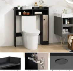 Armoire WC avec Etagere & 2 Compartiments & Tablettes reglables sur 10 niveaux & Anti-Bascule pour Buanderie Noir