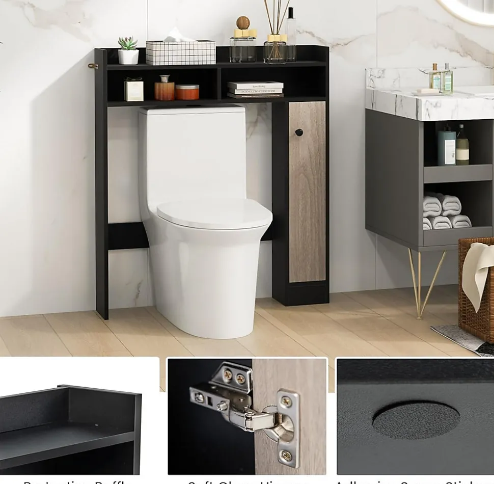 Armoire WC avec Etagere & 2 Compartiments & Tablettes reglables sur 10 niveaux & Anti-Bascule pour Buanderie Noir