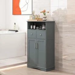 Armoire WC avec Etagere Reglable Meuble de Rangement pour Salle de Bain avec 2 Tiroirs et 2 Portes 60X30X107CM Gris