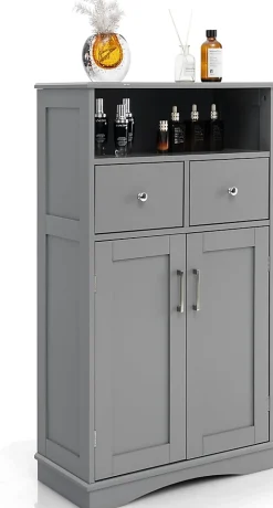 Armoire WC avec Etagere Reglable Meuble de Rangement pour Salle de Bain avec 2 Tiroirs et 2 Portes 60X30X107CM Gris