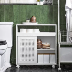Armoire WC Toilettes Compact Roulante avec 2 Portes Coulissantes, BZR119-W, SoBuy