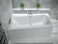 Baignoire asymétrique + tablier blanc + repose tête - INFINITY - 150 x 90 cm - Gauche