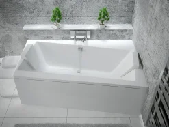 Baignoire asymétrique + tablier blanc + repose tête - INFINITY - 160 x 100 cm - Droite