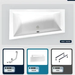 Baignoire asymétrique - 160 x 90 cm - Gauche - avec Tablier - Pieds - Vidage Chrome - INTIMA