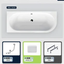 Baignoire asymétrique - 180 x 80 cm - Gauche - sans Habillage - avec Pieds - Repose-tête - Vidage Chrome - AVITA
