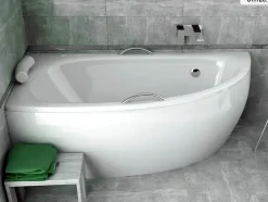 Baignoire asymétrique - 150 x 70 cm - Gauche - avec Tablier - Pieds - Poignées - Repose-tête - Vidage Chrome - MILENA PREMIUM