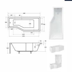 Baignoire asymétrique - 150 x 75 cm - Droite - sans Habillage - avec Pieds - Vidage Chrome - INTEGRA