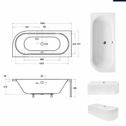 Baignoire asymétrique - 150 x 75 cm - Gauche - avec Tablier Blanc - Pieds - Vidage Chrome - AVITA