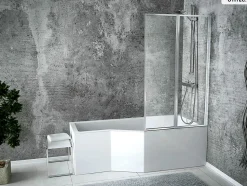 Baignoire asymétrique - 170 x 75 cm - Droite - avec Tablier - Pieds - Pare Baignoire 3 Volets - Vidage Chrome - INTEGRA