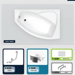 Baignoire asymétrique - 160 x 100 cm - Droite - avec Habillage - Pieds - Repose-tête - Vidage Chrome - RIMA