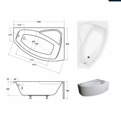 Baignoire asymétrique - 130 x 85 cm - Droite - avec Tablier - Pieds - Vidage Chrome - RIMA