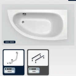 Baignoire asymétrique - 150 x 70 cm - Droite - avec Pieds - Poignées - Repose-tête - Vidage Chrome - MILENA PREMIUM