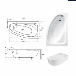 Baignoire asymétrique - 150 x 100 cm - Droite - sans Habillage - avec Pieds - Vidage Chrome - CORNEA